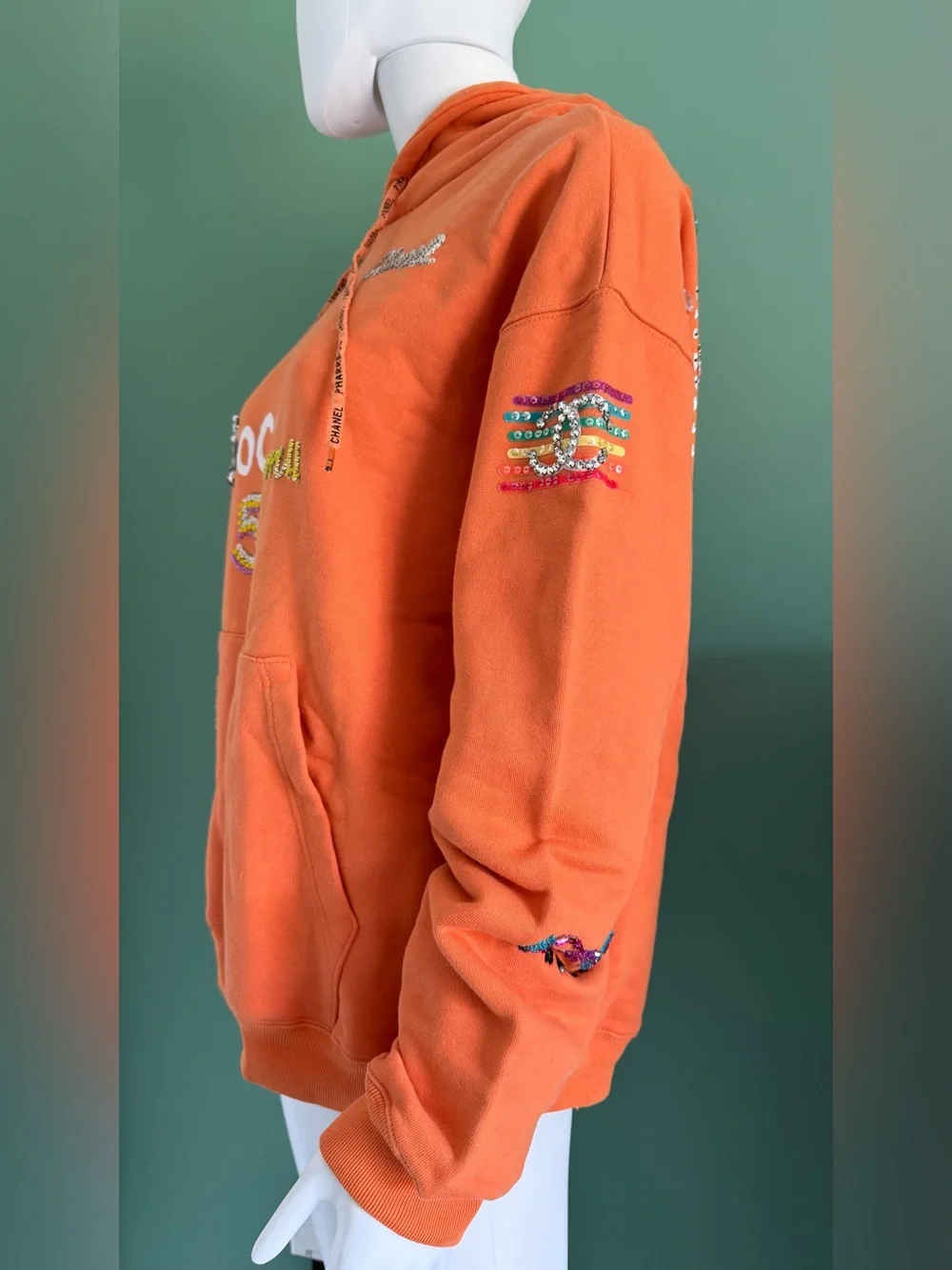 CHANEL Pharrell Orange Embellished Logo Hoodie Sweatshirt